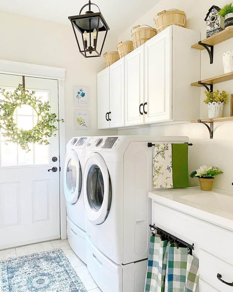 Bright Laundry Room With a Black Lantern Light Fixture Indoor