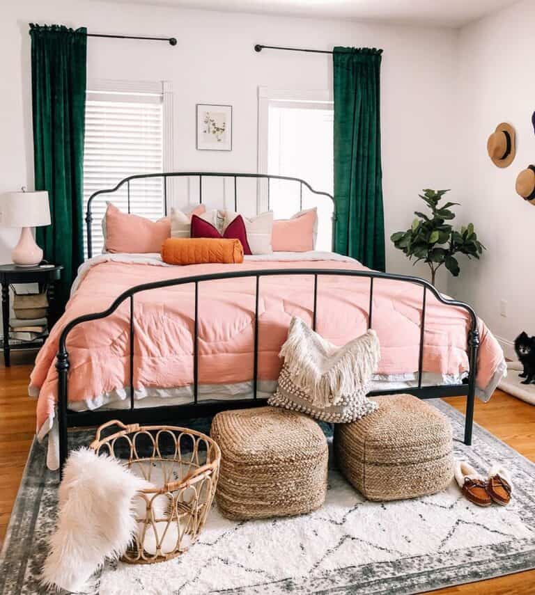 Brown Farmhouse Poufs in a Pink Bedroom