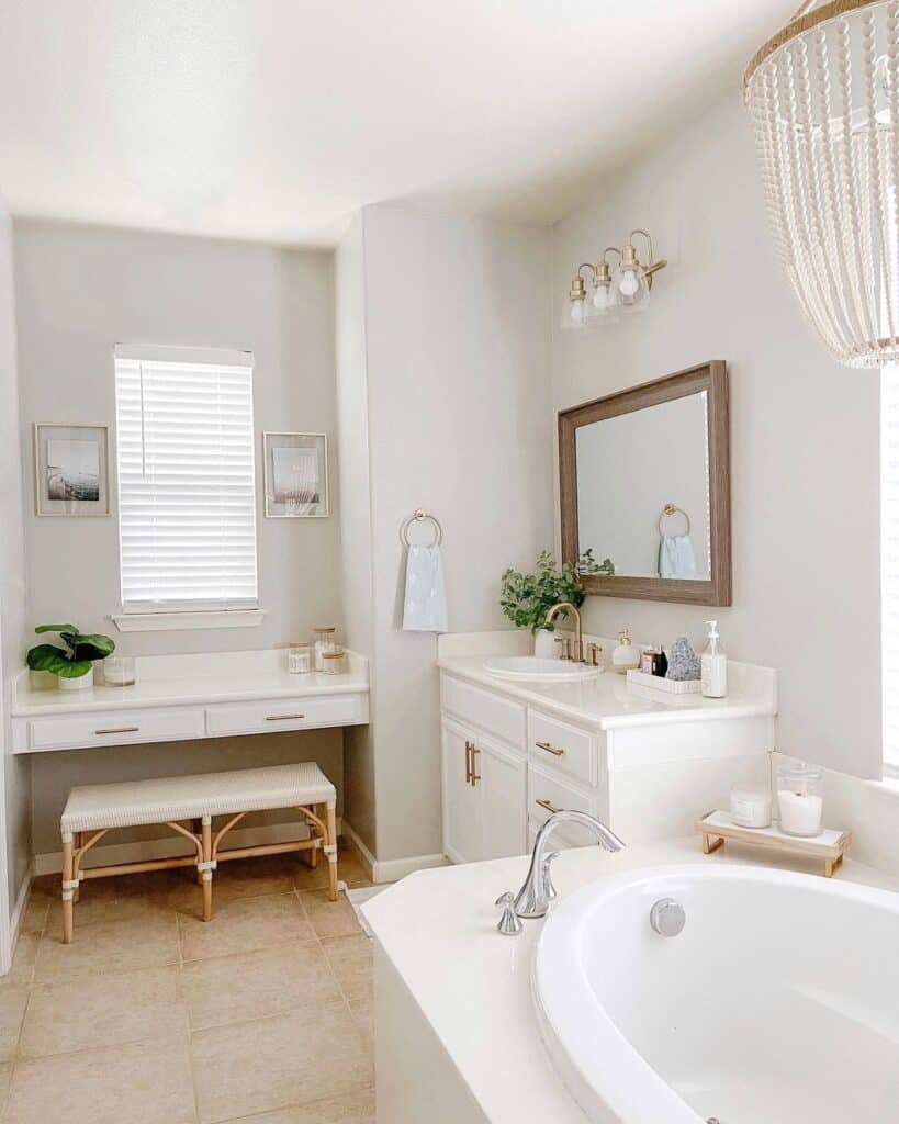 Brown Square Tile Bathroom Floor and a Rattan Bench - Soul & Lane