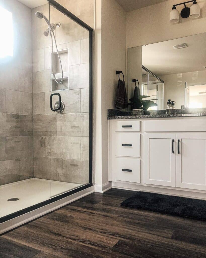 Brown Toned Bathroom with White Vanity