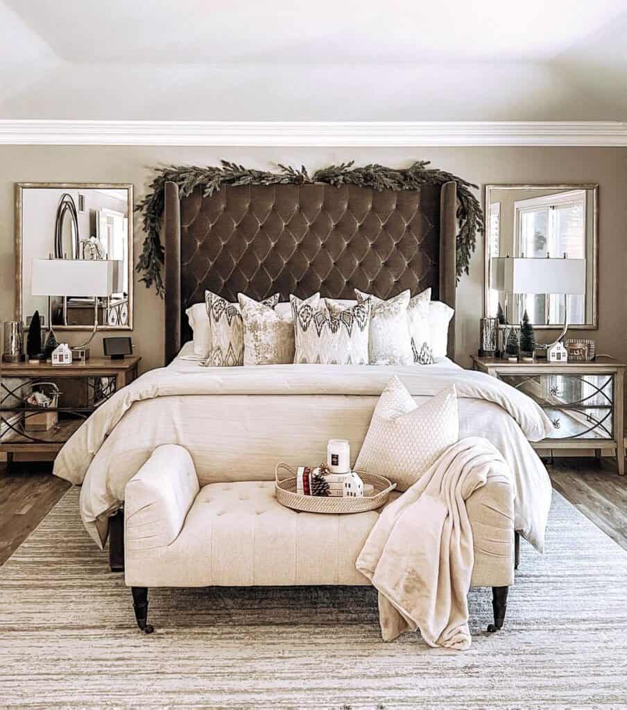 Brown Tufted Headboard Against Gold Walls
