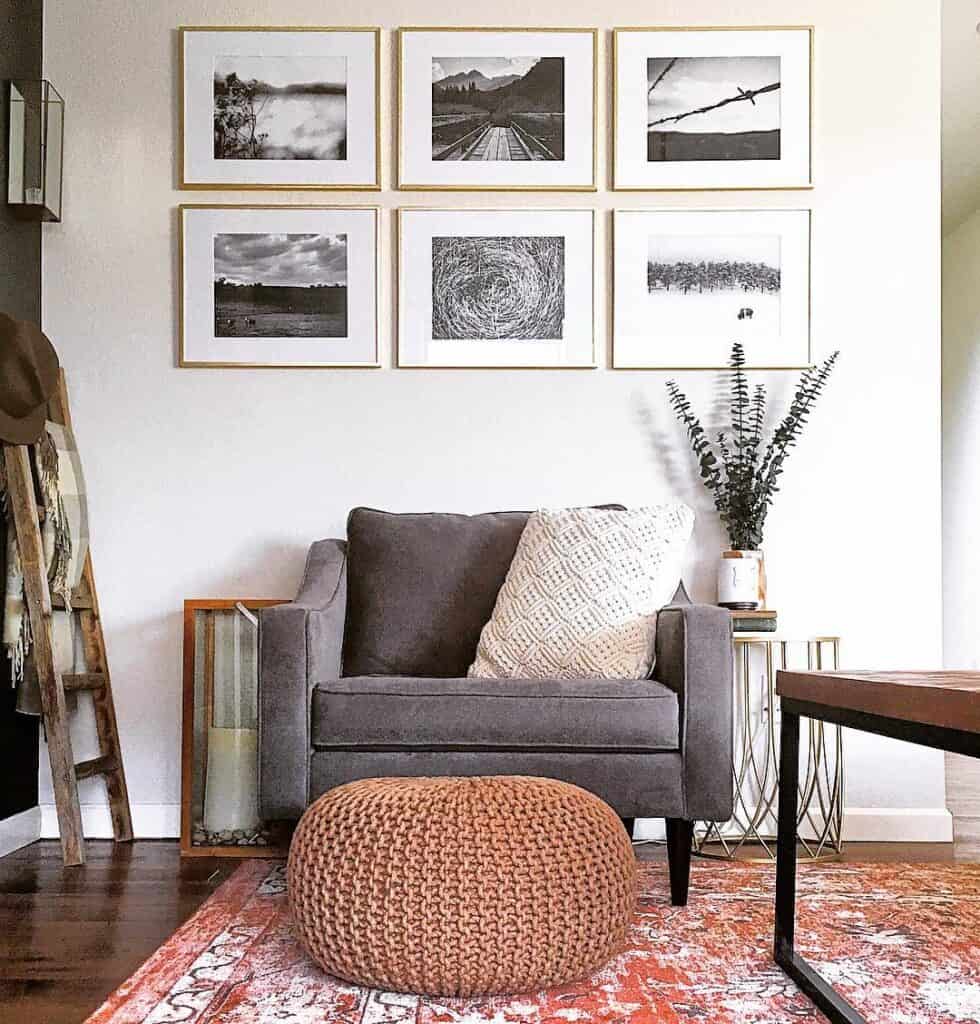 Burnt Orange Fabric Pouf with Gray Chair