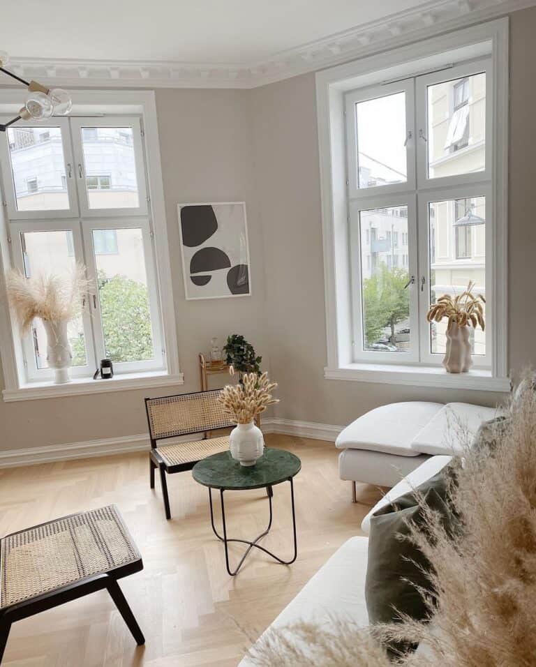 Cane Accent Chairs on a Herringbone Floor