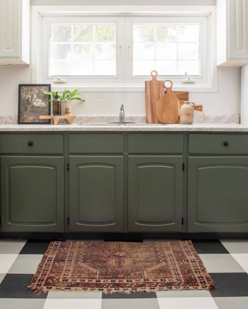 Checkered Tile Floor and Farmhouse Sage Green Kitchen Cabinets