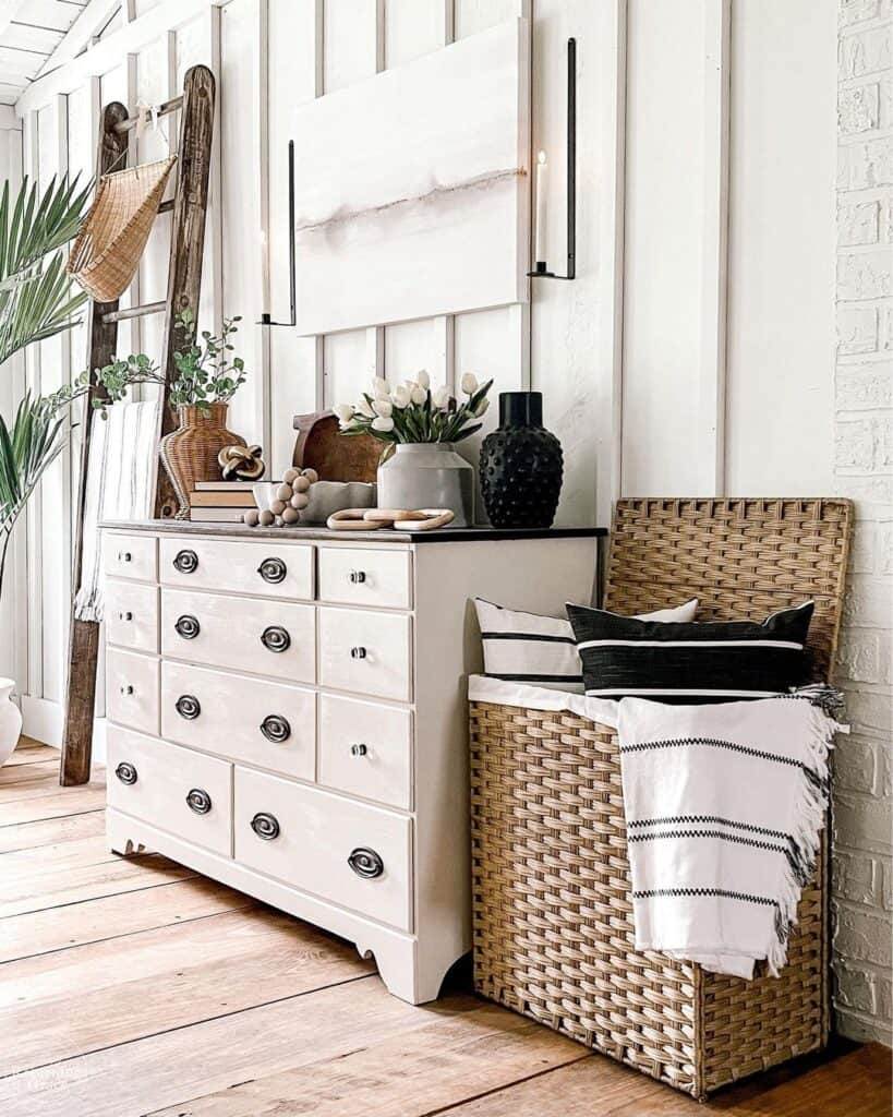 Chest of Drawers Beside Woven Basket Soul & Lane