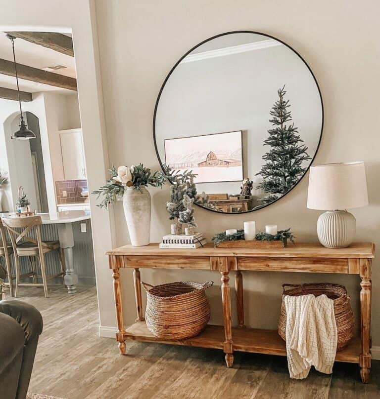 Christmas Décor on Wood Console with Mirror
