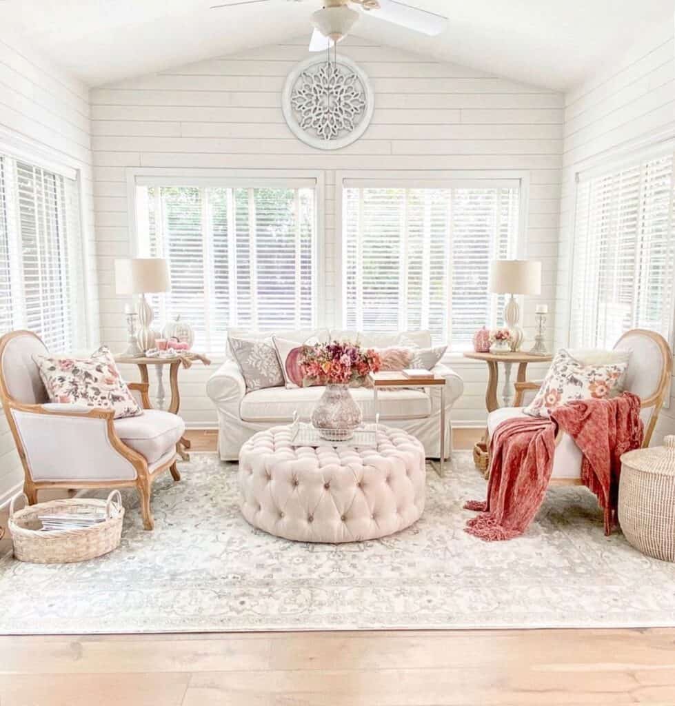 Country Chic Living Room with Tufted Ottoman