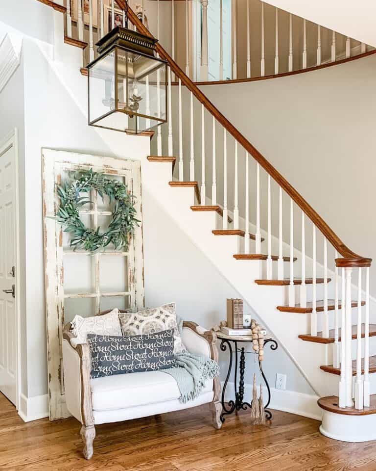 Curving Hardwood Staircase with White Wood Trim