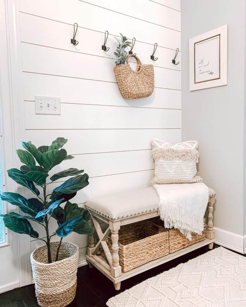 Cushioned White Entryway Bench With Shoe Storage