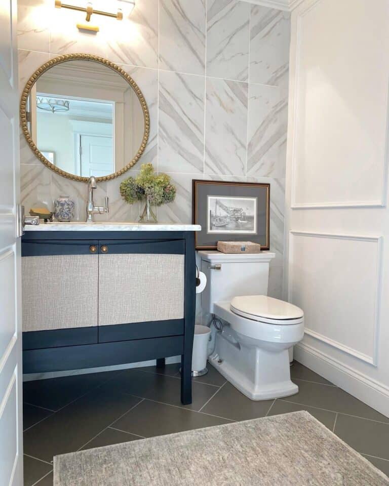 Dark Gray Herringbone Tile Bathroom Floor