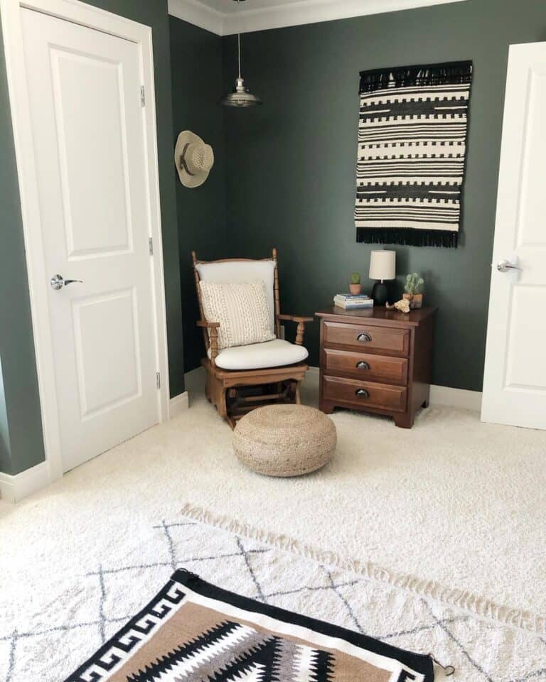 Dark Green Nursery with Natural Fabric Pouf