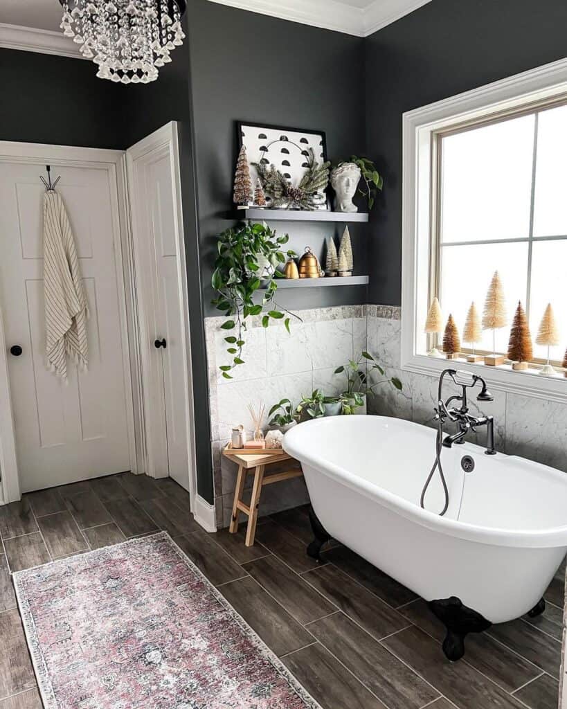 Dark Modern Bathroom with Festive Touches