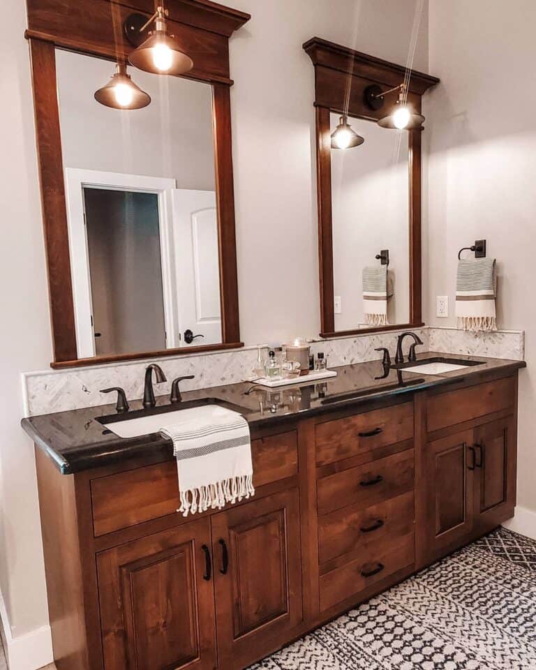 Dark Wood Double Vanity in Rustic Bathroom