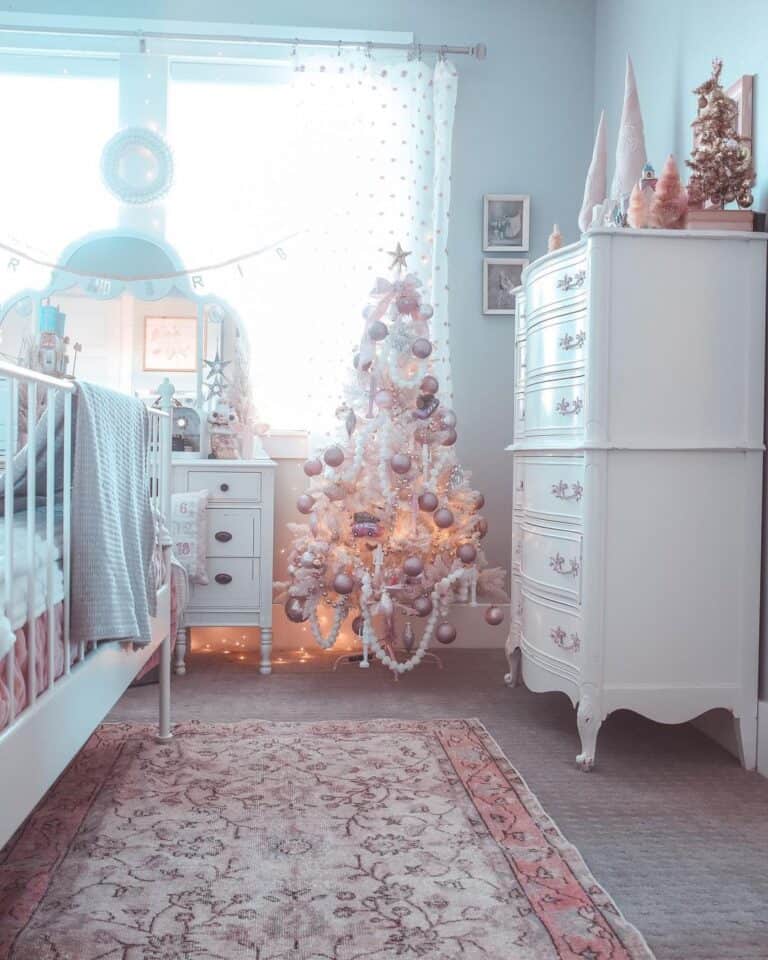 Decorated Pink Christmas Tree in a Girl's Bedroom