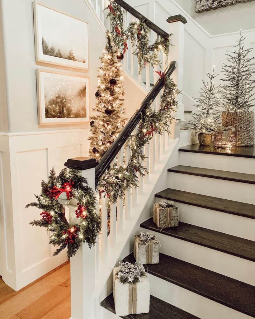 Decorated Staircase with Thin Pencil Tree and Black Decor