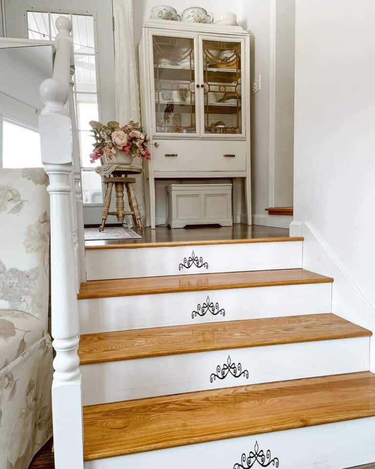 Decorative White Riser and Hardwood Tread Staircase