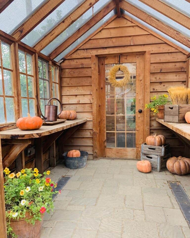 Decorative Yellow Wreath in Wood Greenhouse