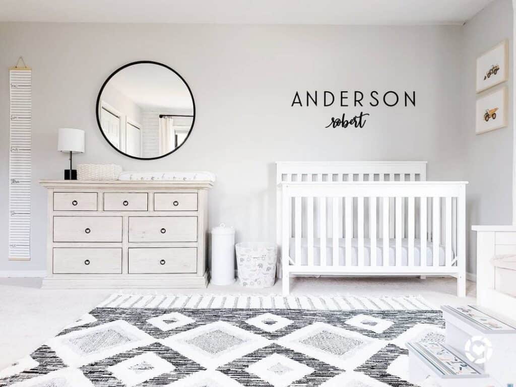 Diamond Patterned Rug and Black Lettering