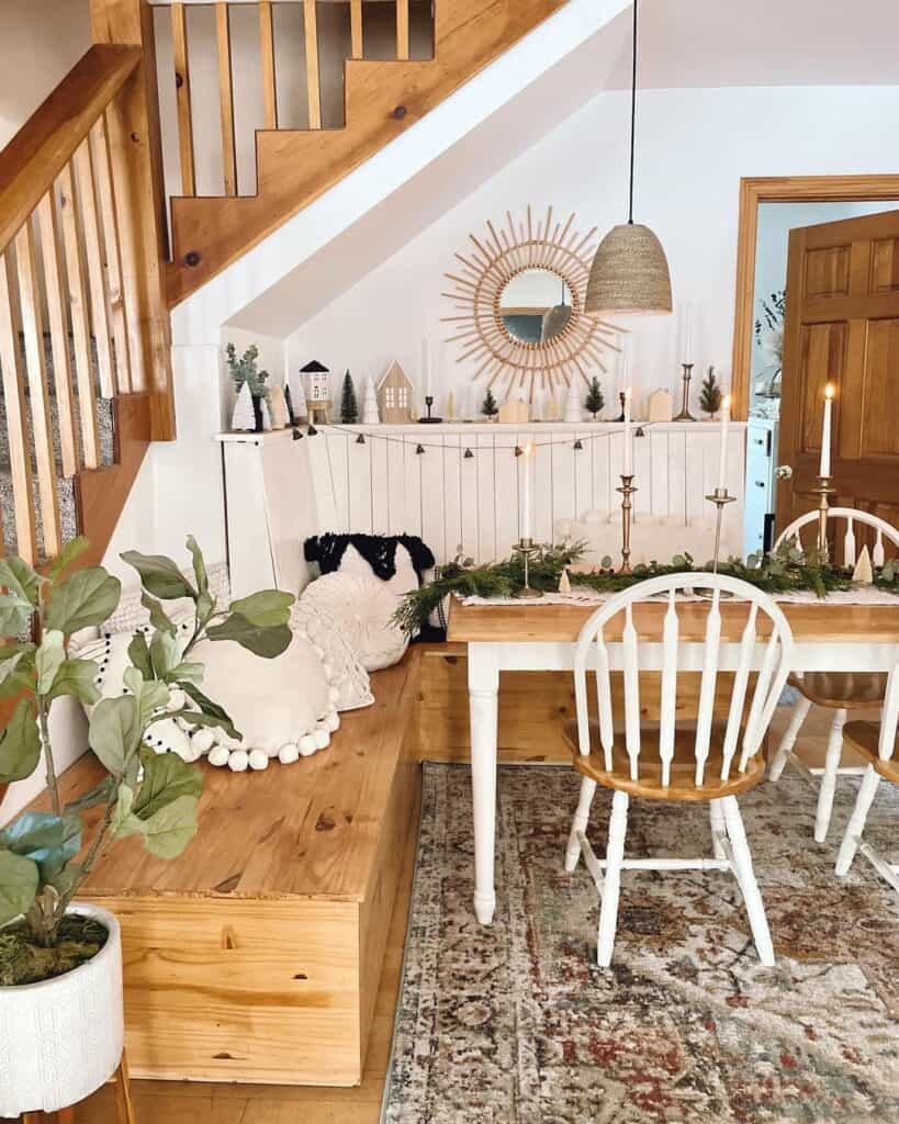 Dining Table Beside Wood Staircase Railing