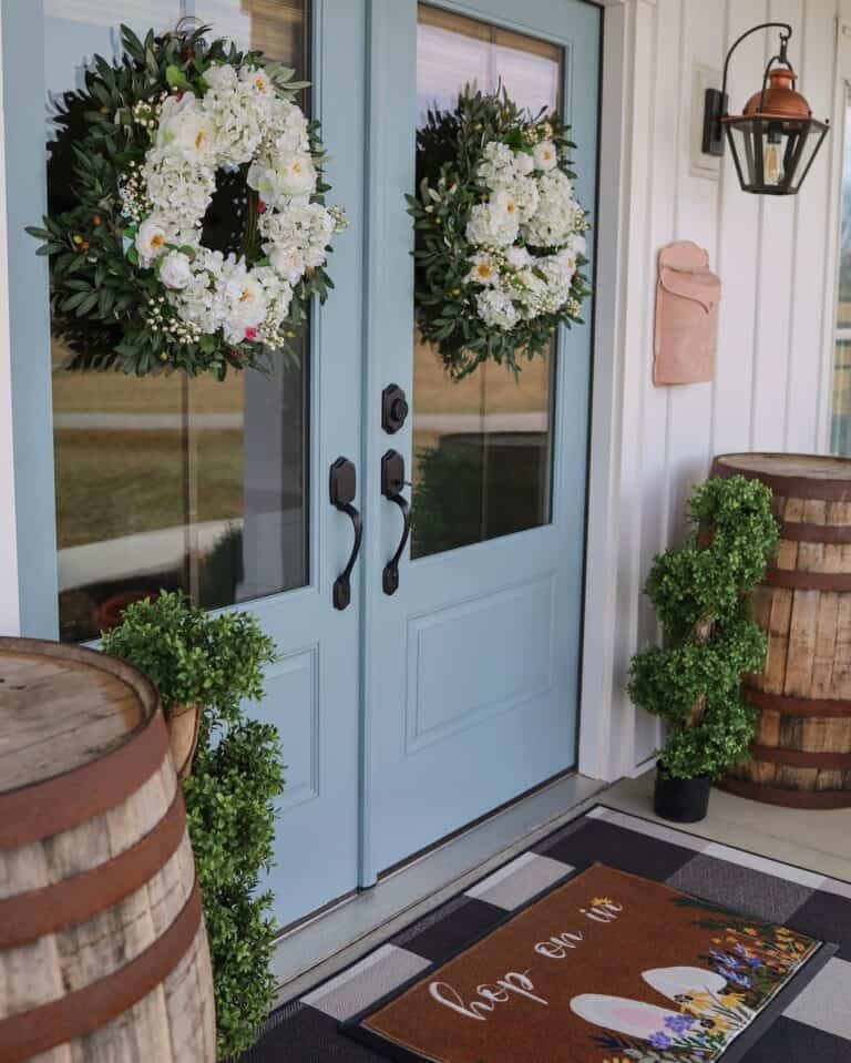 Double Blue French Doors with White Wreath