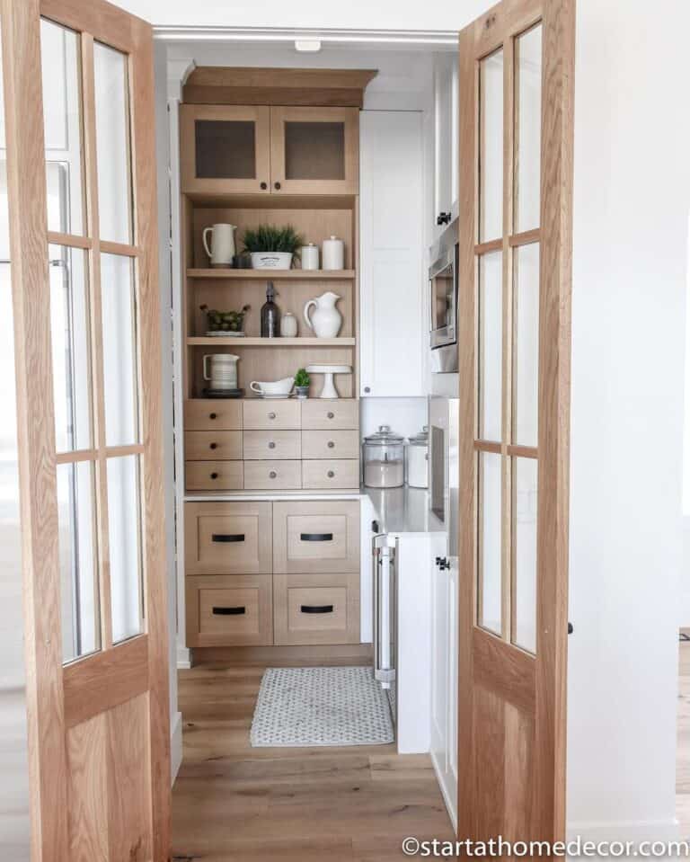 Double Pantry Doors With Glass Reveal an Organized Pantry