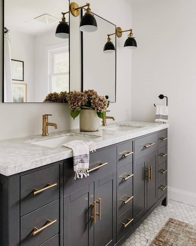 Double Sink Vanity and Hex Tile Flooring