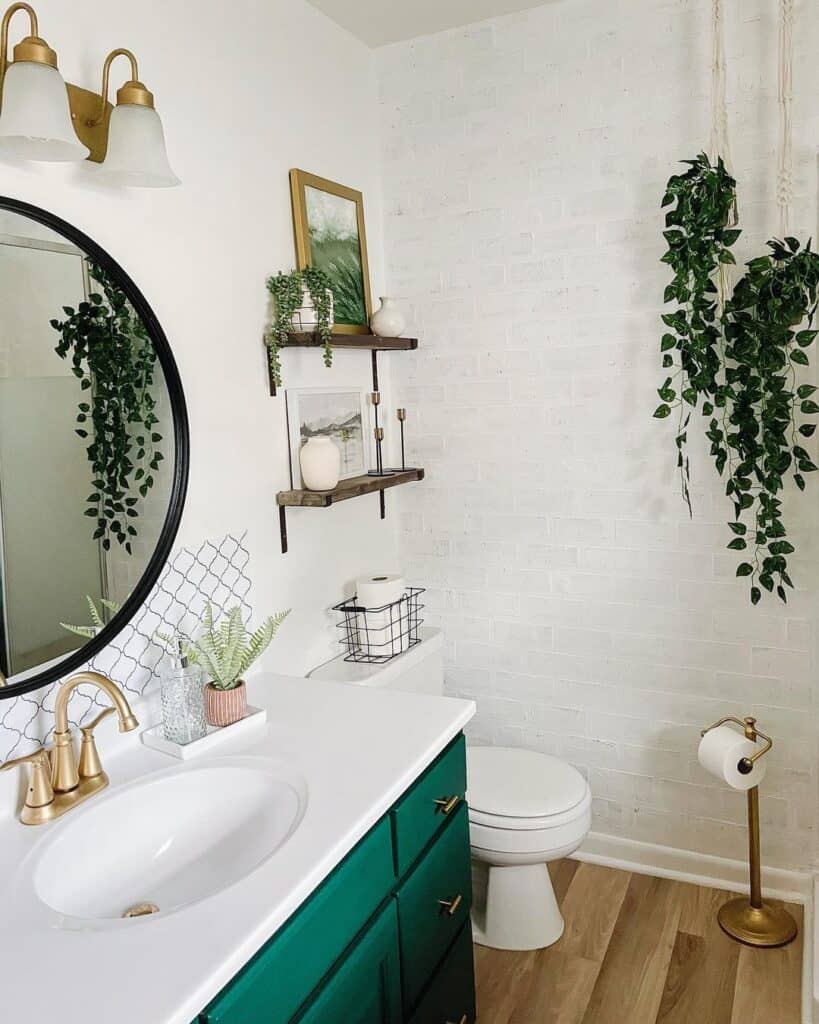 Emerald Green Vanity in Painted Brick Bathroom