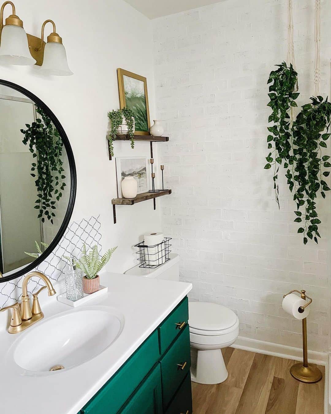 Emerald Green Vanity in Painted Brick Bathroom Soul & Lane