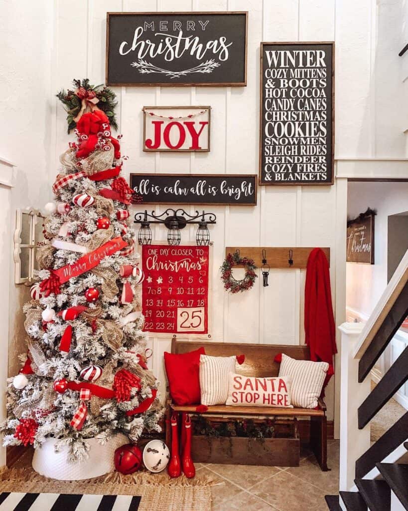 Entry Way Red and White Christmas Tree and Gallery Wall