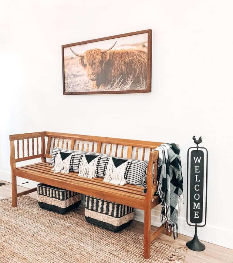 Entryway Bench With Black and White Storage Baskets