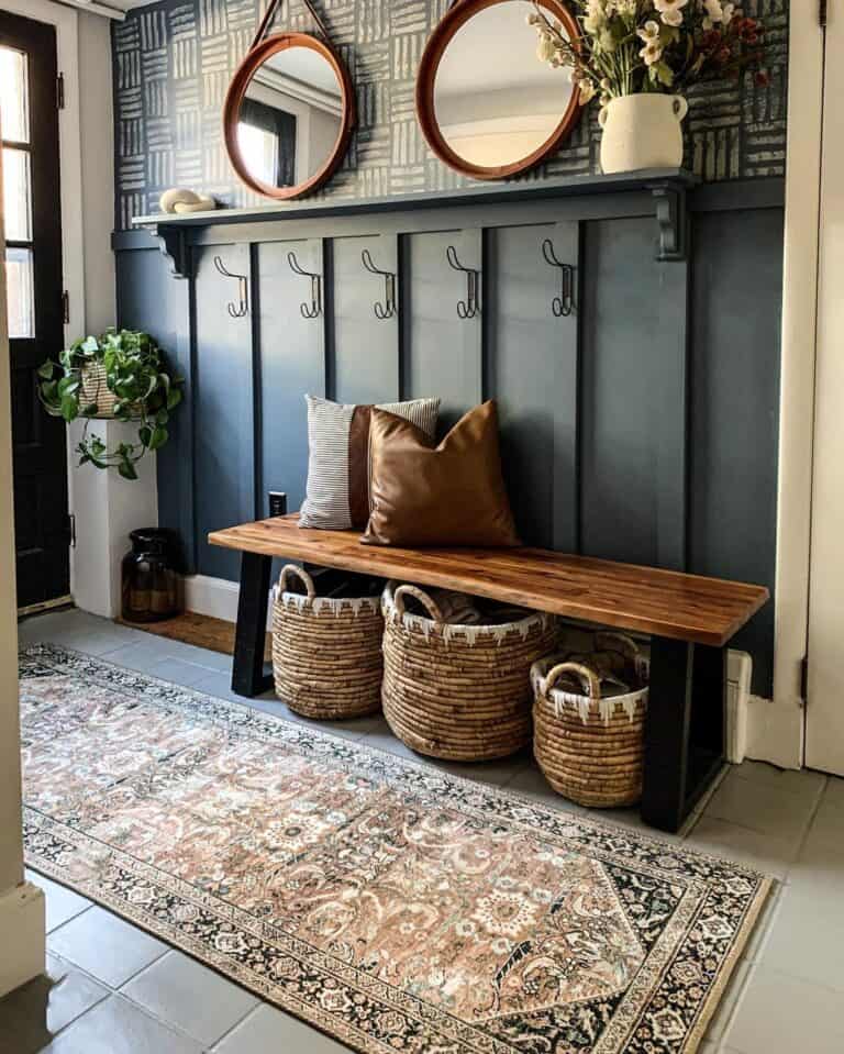 Entryway Bench With Rattan Storage Baskets