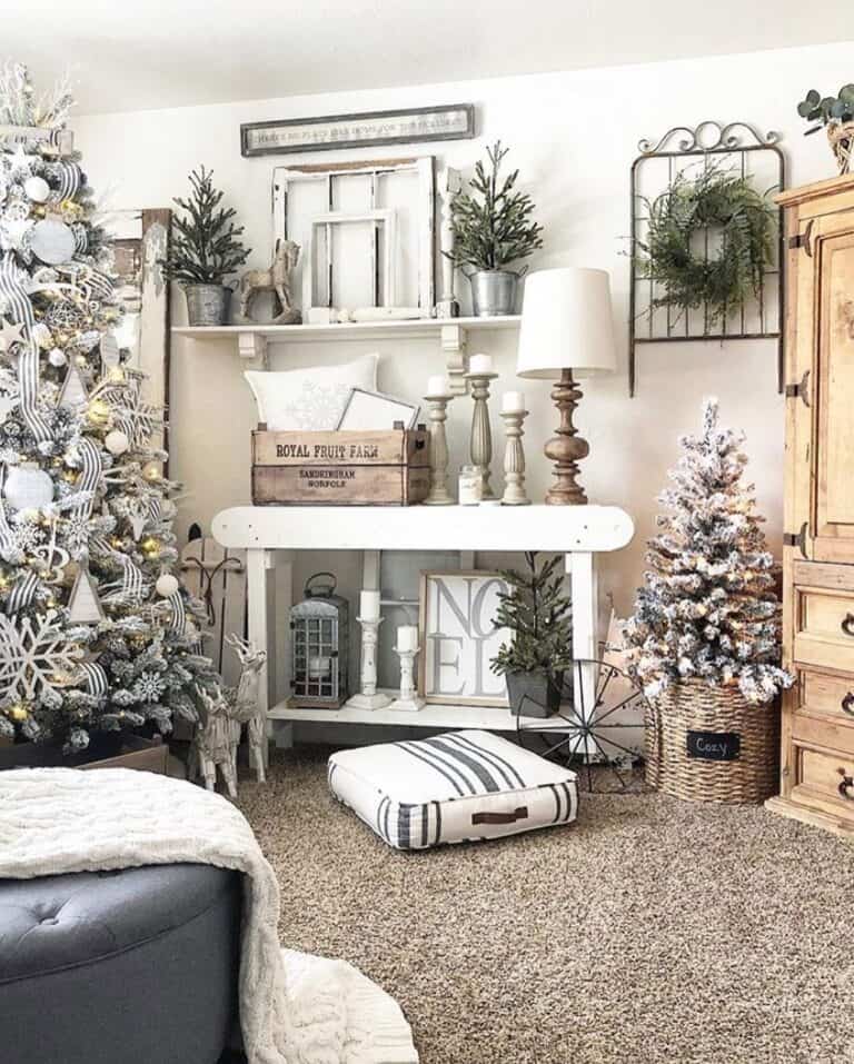Farmhouse Décor and Multiple Pine Trees