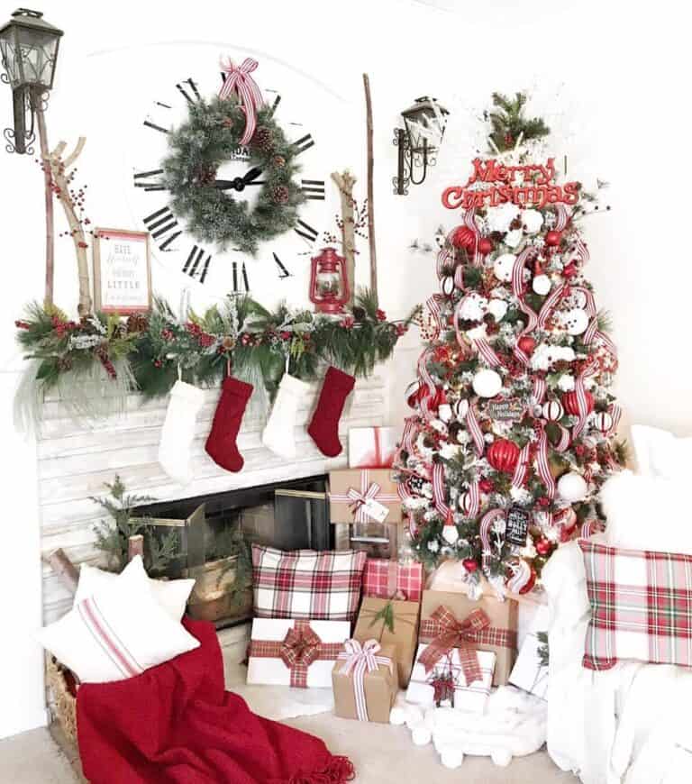 Farmhouse Fireplace with Red and White Decorated Christmas Tree