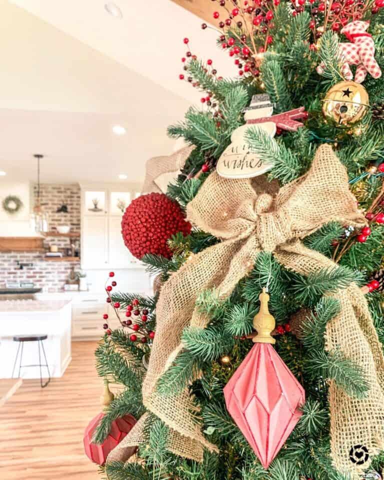 Farmhouse Pink Christmas Tree Decorations and a Burlap Bow