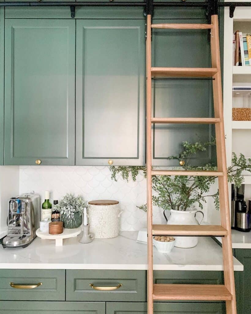 Farmhouse Sage Green Kitchen Cabinets and a Fish Scale Backsplash