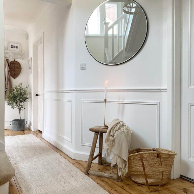 Farmhouse Style Hallway with White Wainscoting