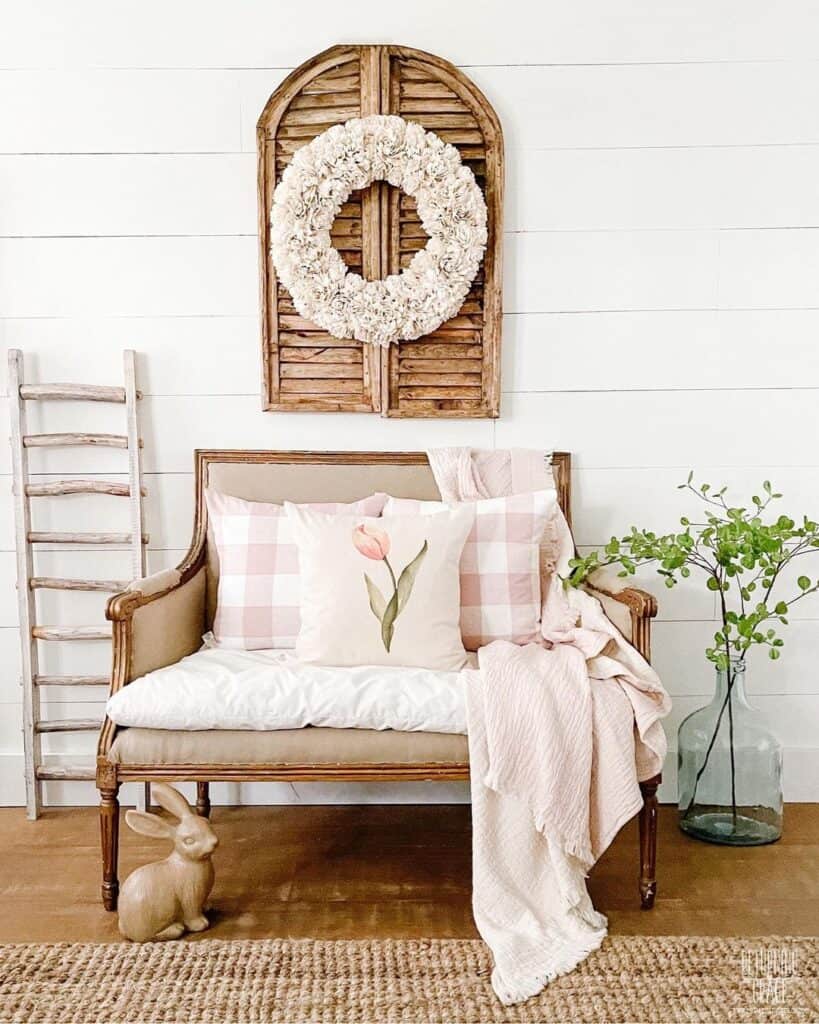 Farmhouse Wall Décor Above Vintage Bench