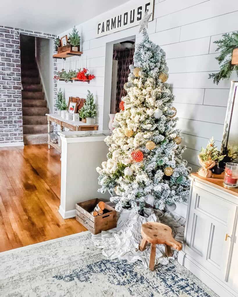 Faux Brick Wall and White Shiplap