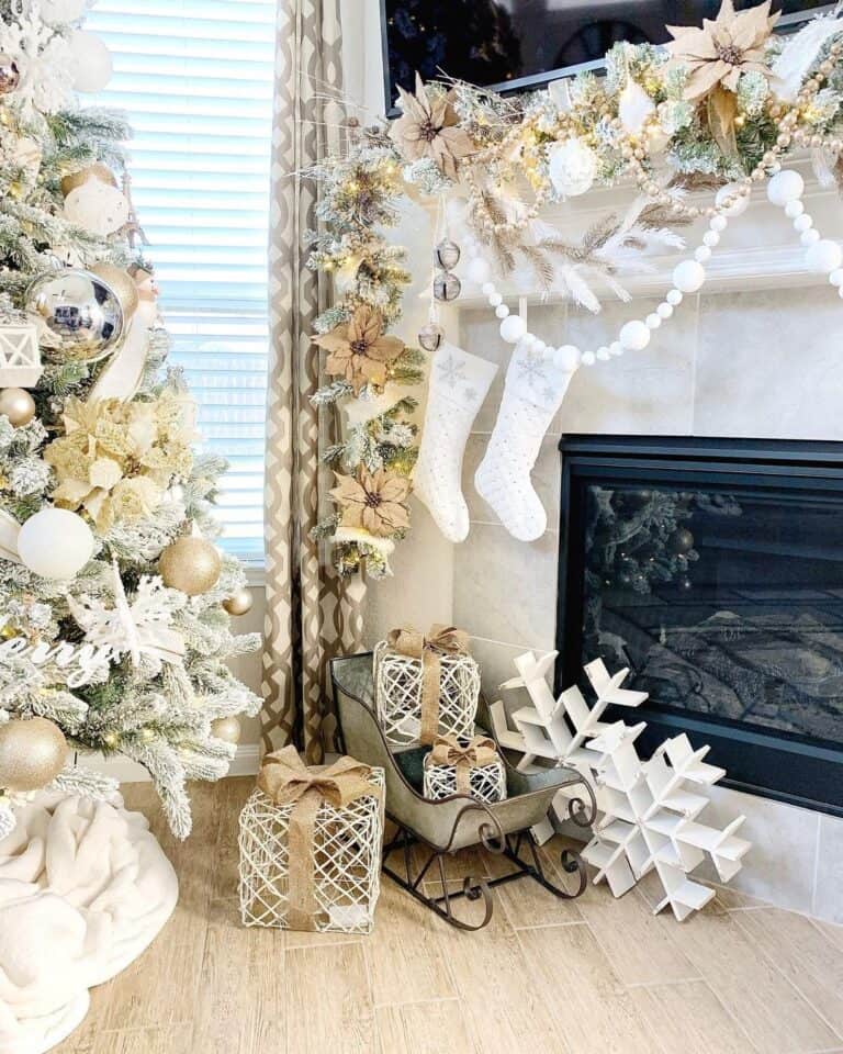 Fireplace with White Wood Snowflake Decorations