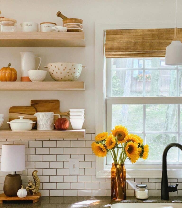 Floating Shelves with Tableware and Fall Décor