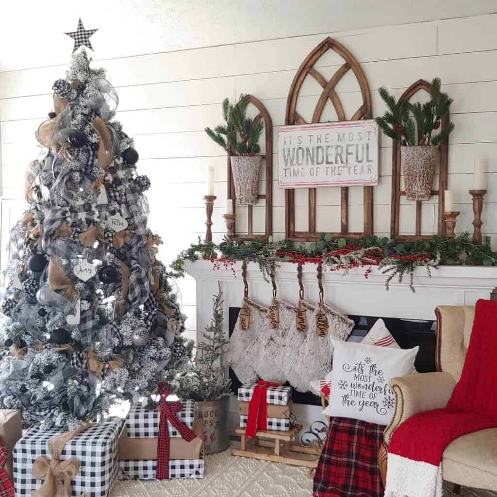 Flocked Christmas Tree with Black and White Buffalo Plaid Decor