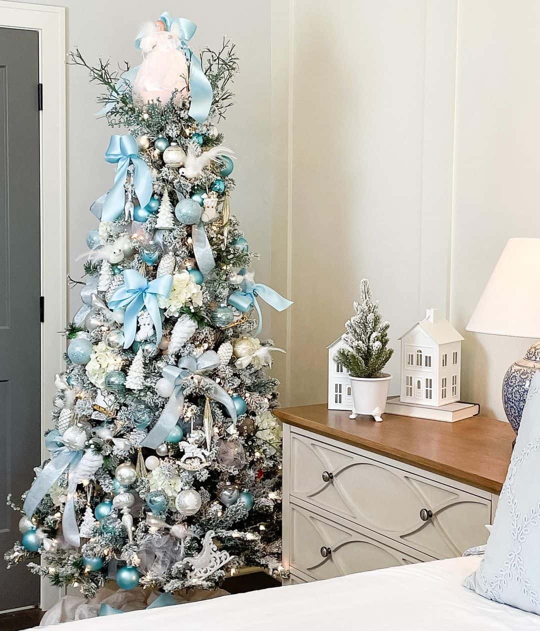 Flocked Tree with Blue Christmas Tree Decor - Soul & Lane