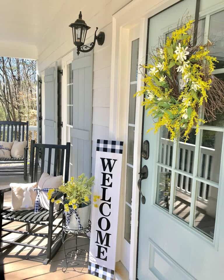 Forsythia Wreath on Light Green Door