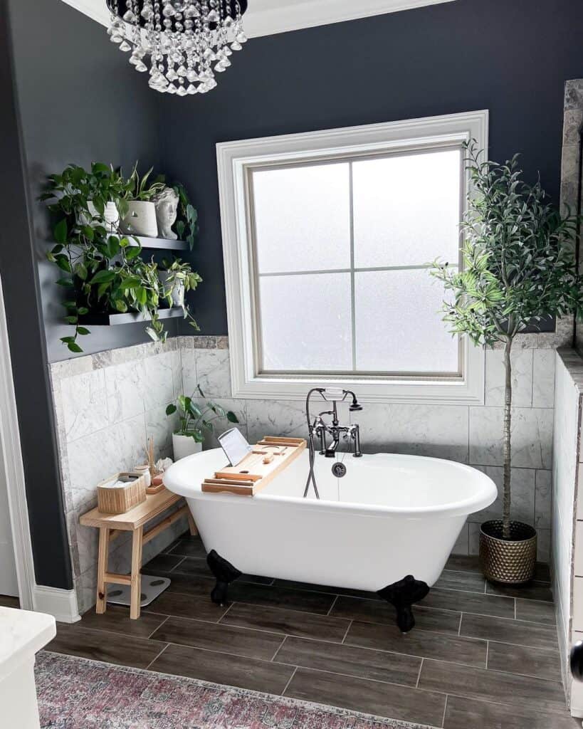Freestanding Bathtub and Floating Shelves with Plants