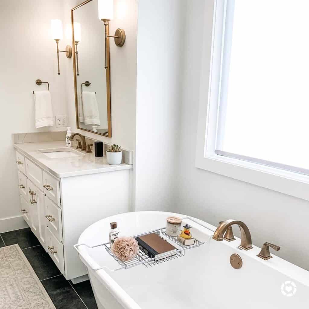 Freestanding Bathtub on Black Bathroom Tile