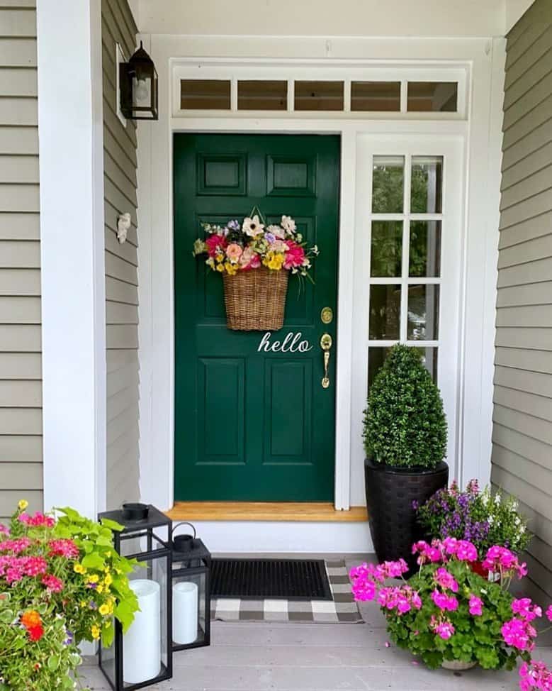 Front Door Basket Wreath on Green Door