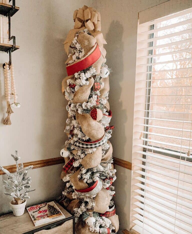 Frosted Pencil Tree with Red and Tan Decorations