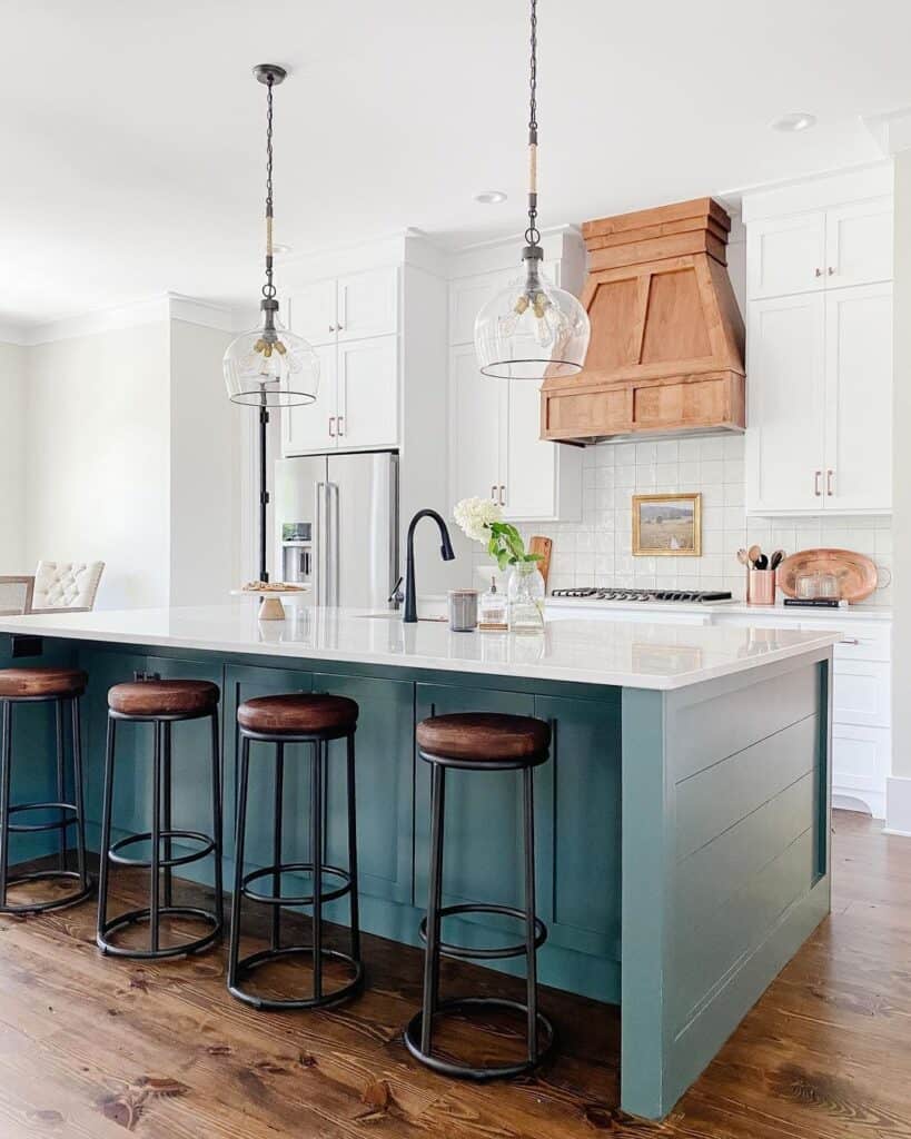 Glass Kitchen Island Pendants over Teal Island