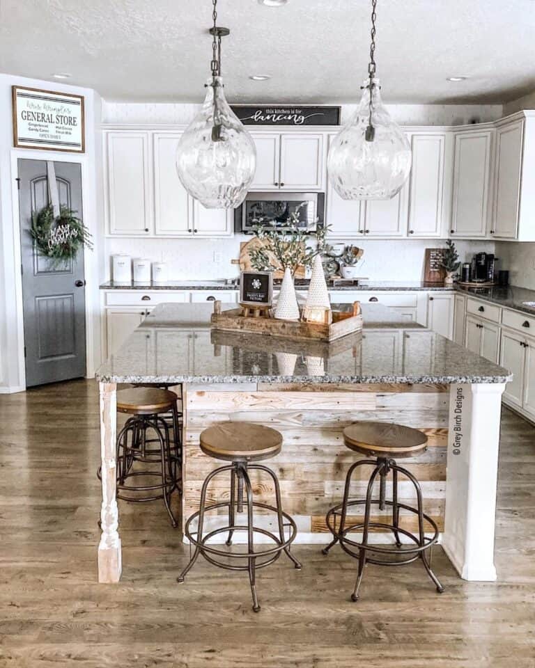 Glass Pendant Lighting and Rustic Kitchen Island