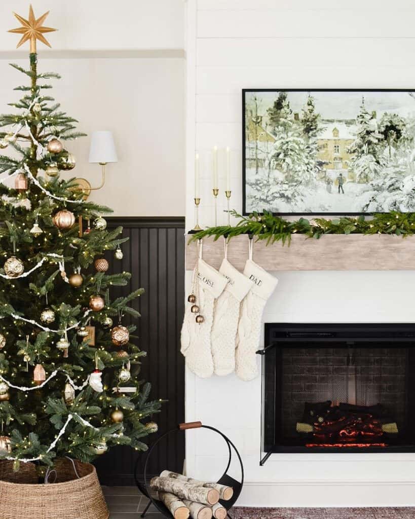 Gold Christmas Ornaments and Black Wainscoting